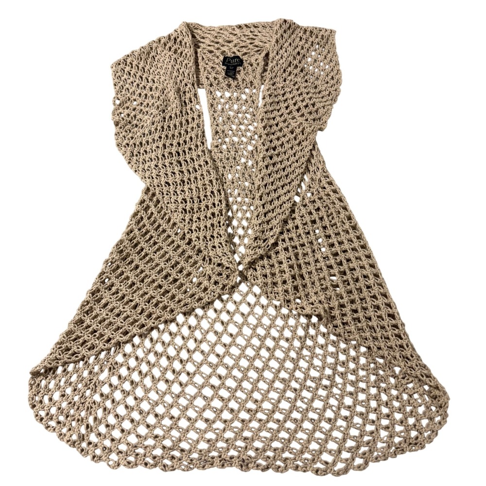 Pure‎ Handknit Tan Beige Crochet Vest Longline Open Front Cotton Cardigan S/M